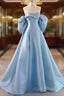 A-Line Satin Blue Long Formal Prom Dresses With Bow