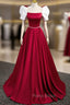 A-Line Satin Burgundy Long Formal Prom Dresses, Puffy Sleeve Formal Evening Dresses