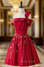 A-Line Satin Burgundy Short Formal Prom Dresses, Burgundy Homecoming Dresses with Beading