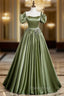 A-Line Satin Green Long Formal Prom Dresses, Green Formal Evening Dresses