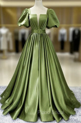 A line Satin Long Green Formal Prom Dresses, Green Formal Evening Graduation Dresses