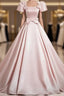 A-Line Satin Pink Quinceanera Dresses Long Formal Prom Dresses With Bows Short Sleeves