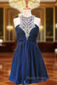 A-line Scoop Beaded Crystals Navy Blue Chiffon Short Homecoming Dresses