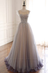 A-Line Scoop Neckline Tulle Long Prom Dress with Beaded, Evening Party Dress