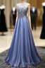 A Line Sheer Neck Rhinestones Long Tulle Formal Prom Dresses Floor Length Beautiful