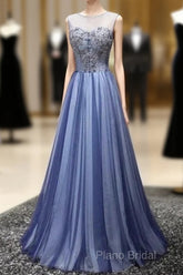 A Line Sheer Neck Rhinestones Long Tulle Formal Prom Dresses Floor Length Beautiful