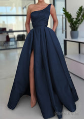 A-line Sleeveless One-Shoulder Long/Floor-Length Satin Prom Dresses With Split Ruffles Pockets