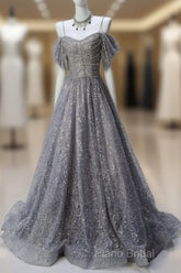 A-Line Spaghetti Strap Mesh Sequin Long Formal Prom Dresses Graduation Formal Prom Adult Ceremony Dresses