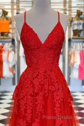A Line Spaghetti Straps V Neck Red Lace Long Formal Prom Dress, Red Lace Formal Dress, Red Evening Dress