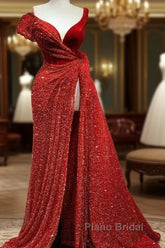 A-Line Sparkle & Shine High Split Formal Prom Formal Evening Dresses V Neck Short Sleeve Court Train Satin With Sequin Slit