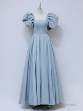 A-Line  Square Neckline Puff sleeves Long Blue Prom Dress, Blue Long Formal Dress