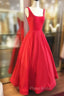 A-line Square Neckline Regular Straps Long/Floor-Length Satin Formal Prom Dresses