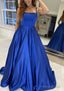 A-line Square Neckline Sleeveless Sweep Train Satin Prom Dresses With Pockets