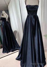 A-line Square Neckline Spaghetti Straps Sweep Train Charmeuse Prom Dresses With Pleated