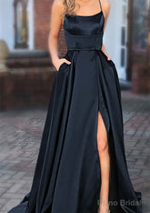 A-line Square Neckline Spaghetti Straps Sweep Train Charmeuse Prom Dresses With Pockets Split