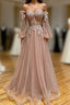 A-Line Strapless Long Lace Formal Prom Dresses, Sweetheart Neck Tulle Evening Party Dresses