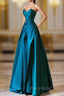 A-Line Strapless Satin Peacock Blue Long Formal Prom Dresses, Simple Peacock Blue Evening Dresses