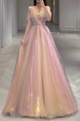 A Line Strapless Sequin Pink Prom Dresses Long Evening Dress