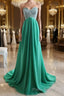 A-Line Strapless Sweetheart Neck Green Chiffon Long Formal Prom Dresses, Green Evening Dresses