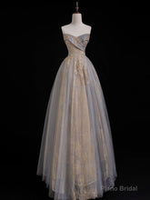 A Line Sweetheart Neck Gray Blue Long Prom Dress, Gray Court Train Blue Formal Gowns