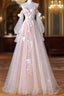 A-Line Sweetheart Neck Long Sleeve Lace Tulle Light Champagne Long Formal Prom Dresses