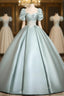 A-Line Sweetheart Neck Puff Sleeves Satin Blue Long Formal Prom Dresses, Blue Long Formal Dresses