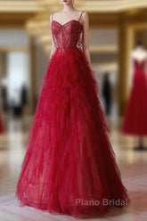 A-Line Sweetheart Neck Tulle Beads Burgundy Long Formal Prom Dresses
