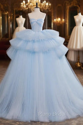 A-Line Sweetheart Neck Tulle Blue Long Formal Prom Dresses, Blue Long Evening Gown