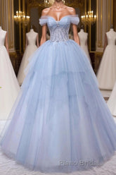 A-Line Sweetheart Neck Tulle Lace Blue Long Formal Prom Dress, Blue Formal Evening Dress