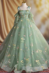 A-Line Sweetheart Neck Tulle Lace Green Long Formal Prom Dresses