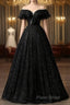 A-Line Sweetheart Neck Tulle Sequin Black Long Formal Prom Dresses, Black Long Formal Dresses