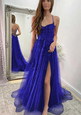 A-line Sweetheart Spaghetti Straps Sweep Train Tulle Prom Dresses With Appliqued Split