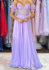 A-line Sweetheart Strapless Long/Floor-Length Chiffon Prom Dresses with Detachable Balloon Sleeves