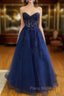 A-line Sweetheart Strapless Long/Floor-Length Tulle Formal Prom Dresses With Appliqued Sequins Glitter
