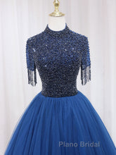 A-Line Tulle Blue Long Formal Prom Dress, Blue Formal Evening Dress with Beading