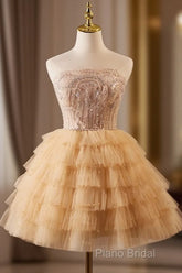 A-Line Tulle Lace Champagne Short Formal Prom Dresses, Champagne Homecoming Dresses