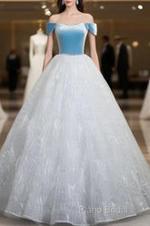 A-Line Tulle Lace White/Blue Long Formal Prom Dresses, White/Blue Long Formal Dresses