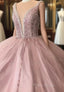 A-Line Tulle Long Formal Dresses Pink Formal Prom Dresses,