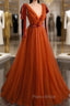 A-Line Tulle Long Formal Prom Dresses, Orange V-Neck Long Simple Evening Dresses