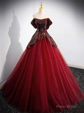 A-Line Tulle Sequin Burgundy Long Prom Dress, Off Shoulder Burgundy Formal Dress
