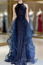 A-Line Tulle Sequin Dark Blue Long Formal Prom Dresses, Dark Blue Long Formal Dresses
