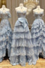 A-Line Tulle Sequin Lace Blue Long Formal Prom Dresses, Blue Long Formal Dresses