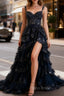 A-Line Tulle Sequin Navy Blue Long Formal Prom Dresses, Navy Blue Sequin Long Formal Dresses
