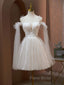 A Line Tulle Short Champagne Formal Prom Dresses, Off Shoulder Lace Puffy Homecoming Dresses