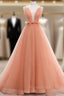 A-line Tulle Straps Low Back Long Wedding Party Dresses, Pink Tulle Long Formal Prom Dresses