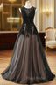 A-line Tulle with Lace Round Neckline Floor Length Party Dresses, Black Formal Prom Dresses