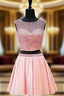 A-line Two Piece Short Pink Backless Short Homecoming Dresses