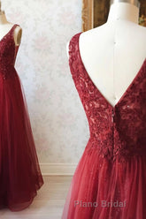 A Line V Neck and V Back Long Beading Lace Burgundy Formal Prom Dress, Lace Burgundy Formal Graduation Evening Dress