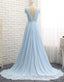 A Line V Neck and V Back Sky Blue Chiffon Long Formal Prom Dresses, V Neck Blue Formal Dresses, Blue Evening Dresses
