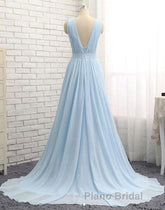 A Line V Neck and V Back Sky Blue Chiffon Long Formal Prom Dresses, V Neck Blue Formal Dresses, Blue Evening Dresses
